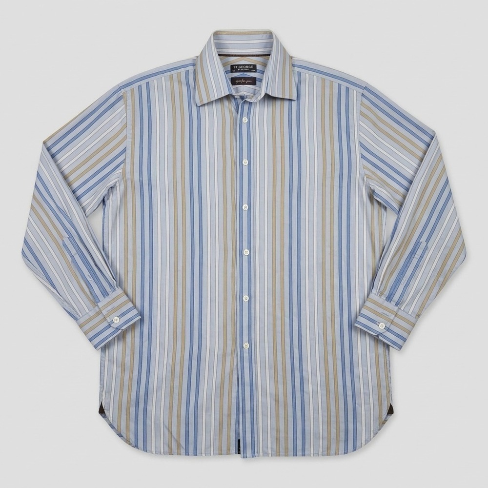 St. George by Duffer Regular Fit Blue White Tan Striped Dress Shirt 16 34/35
